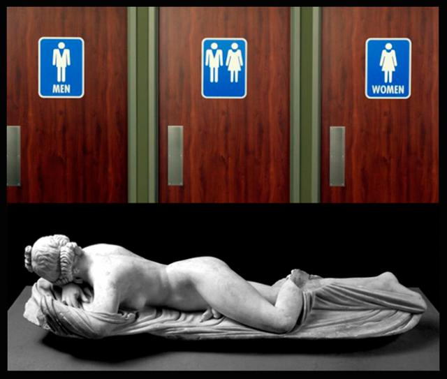 Current bathroom options and a Greek statue, "The Sleeping Hermaphrodite."